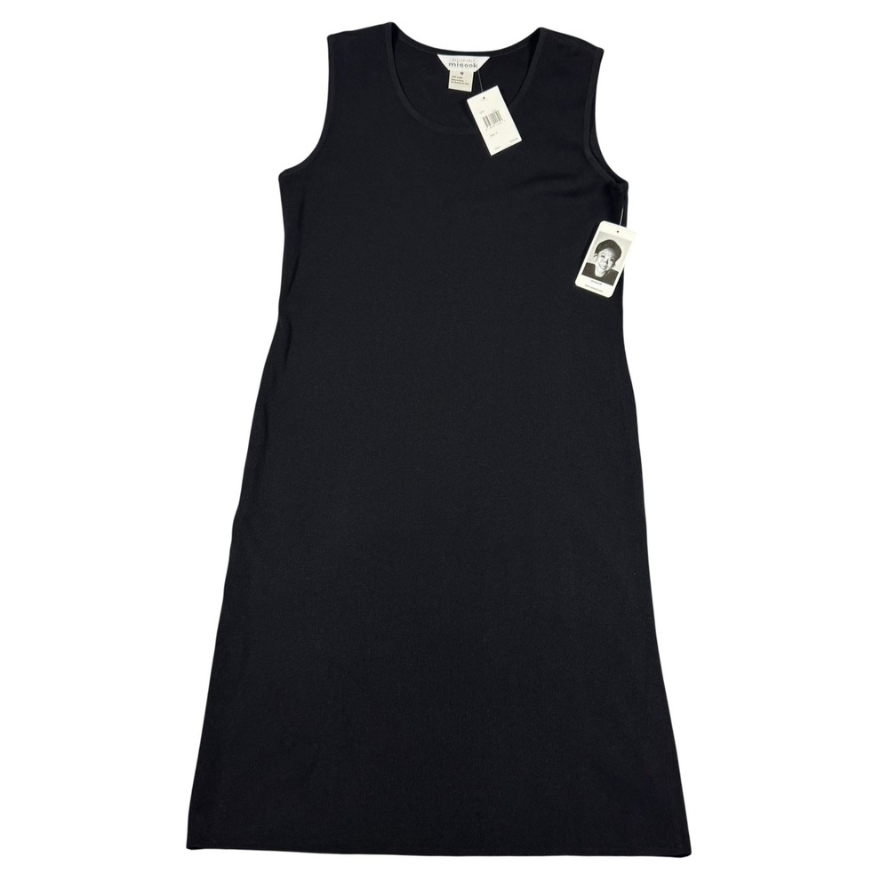 Misook Dress Womens Medium Black Knit Sleeveless Scoop Neck Midi Wrinkle-Resist